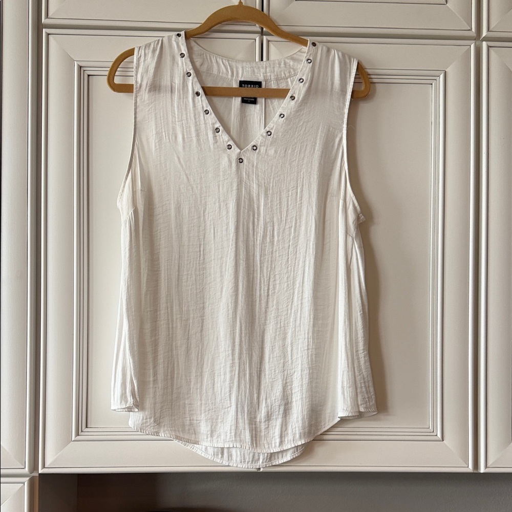 White V-Neck Sleeveless Top with Stud Detail